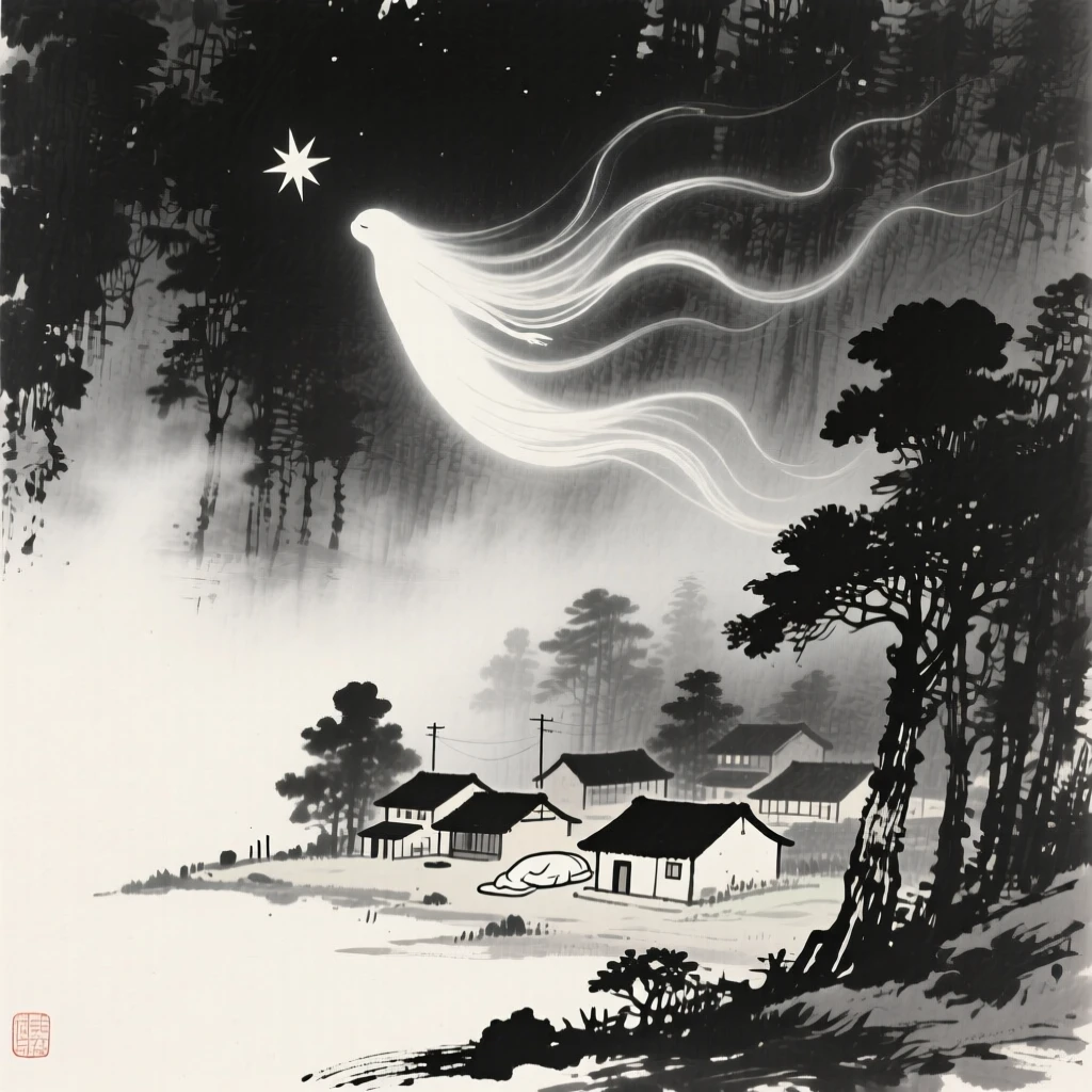 A star-spirit drifting above a sleeping village within an ancient, mist-filled forest, captured mid-motion with flowing, graceful lines, suggesting ancient legend brought gently to life.