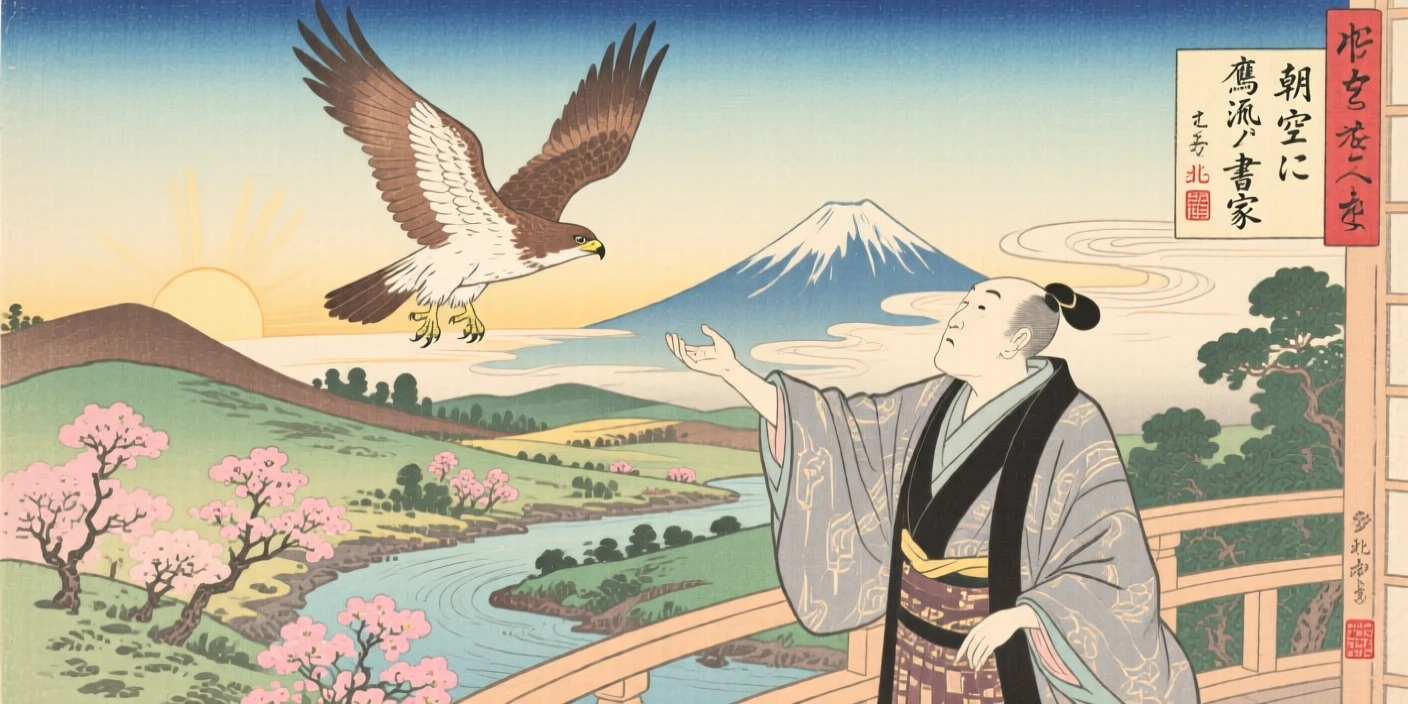 A calligrapher releasing a hawk into the morning sky.