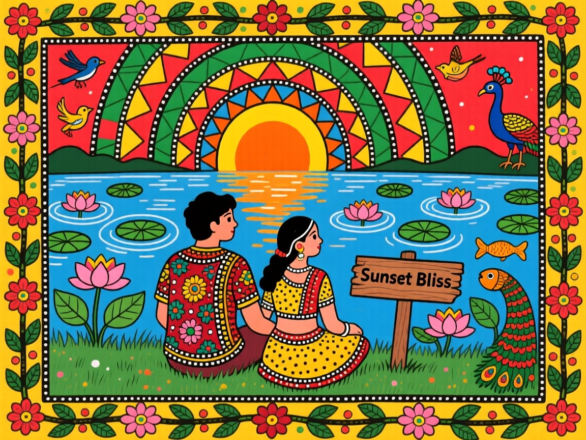 A young couple sitting together watching the sunset over a lake.