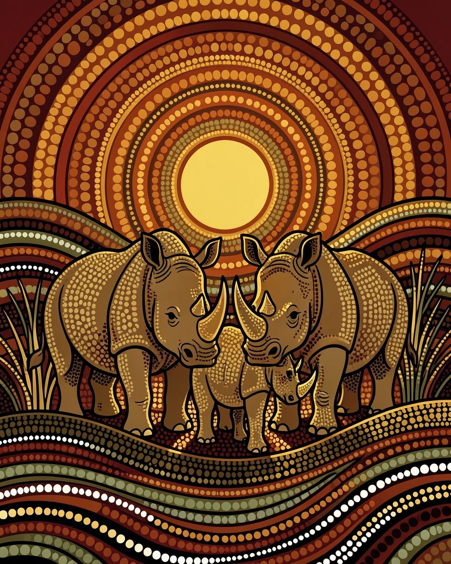 A rhinoceros family gathered at sunset