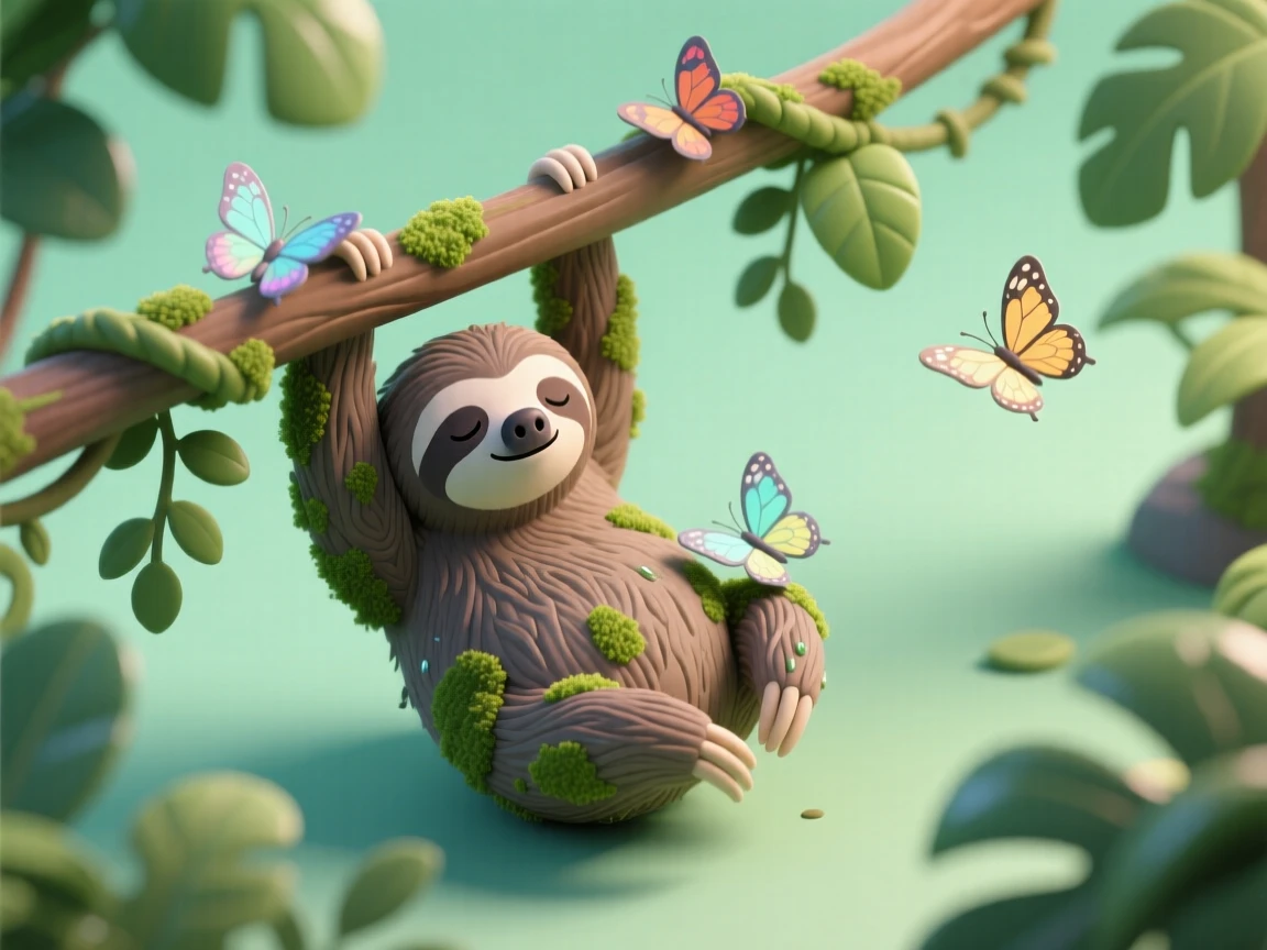 A sleepy sloth hanging from a jungle vine, moss growing gently on its fur, with butterflies resting nearby.