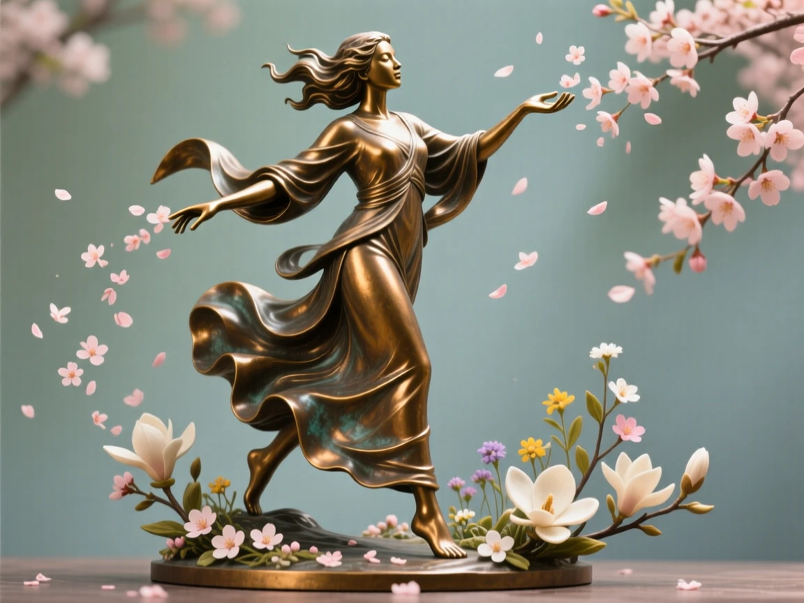 A spirit of spring scattering blossoms with every step, bathed in ethereal, otherworldly glow, radiating awe and grandeur