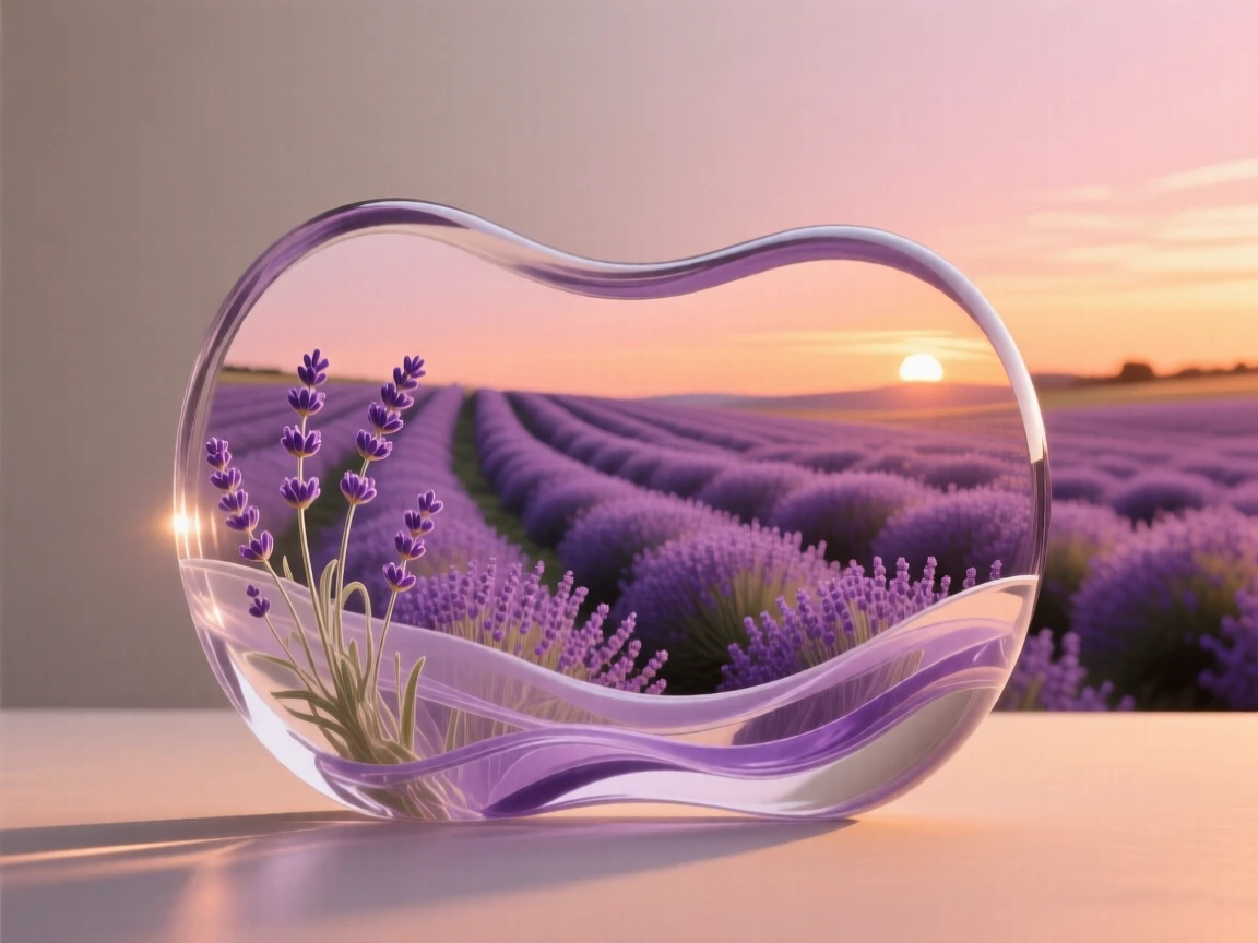 Rolling lavender fields stretching to the horizon bathed in the warm glow of sunset, rich saturated colors, evoking a deep sense of wonder.