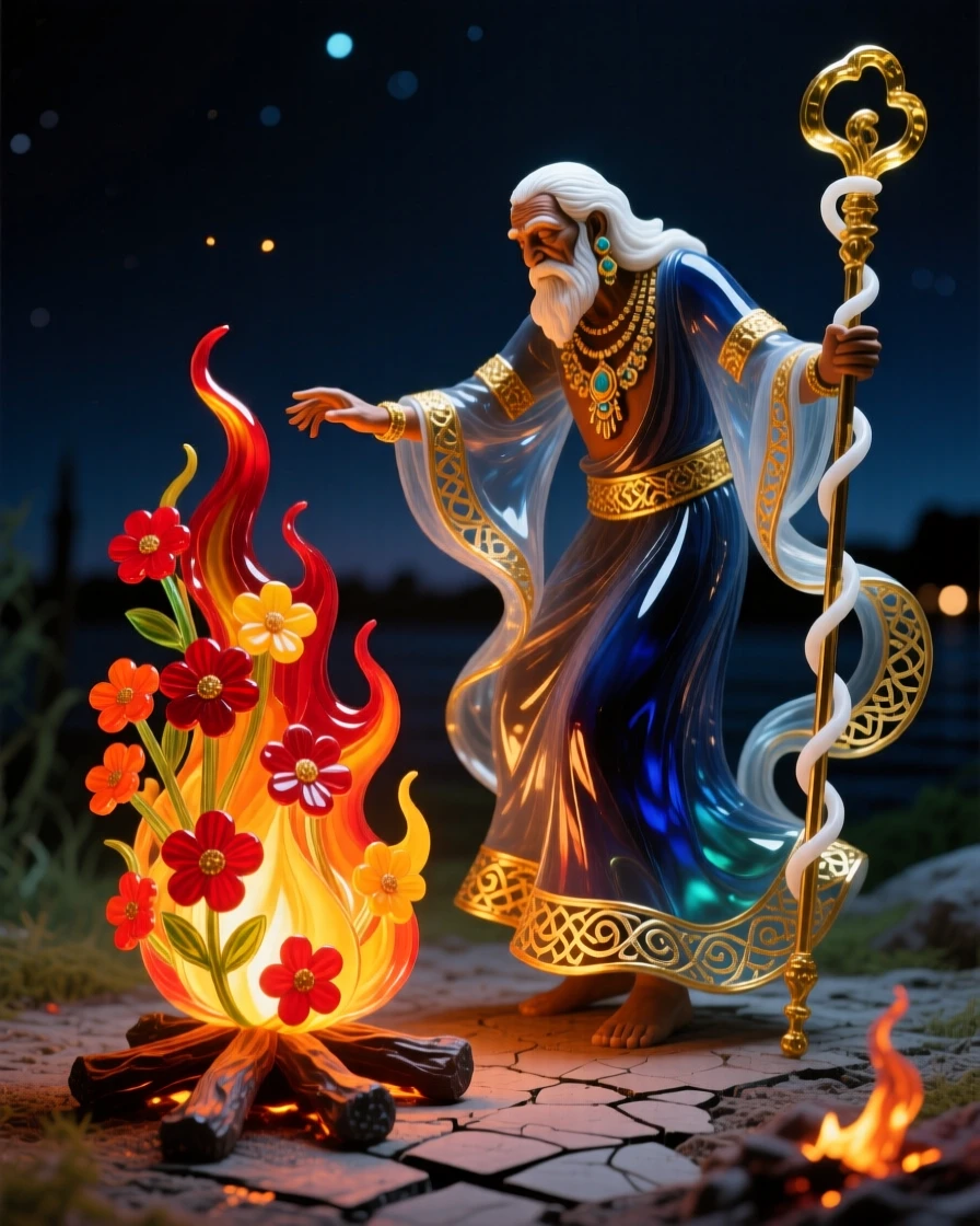 A tribal elder performing a ceremonial dance around a bonfire at night, cultural and powerful.