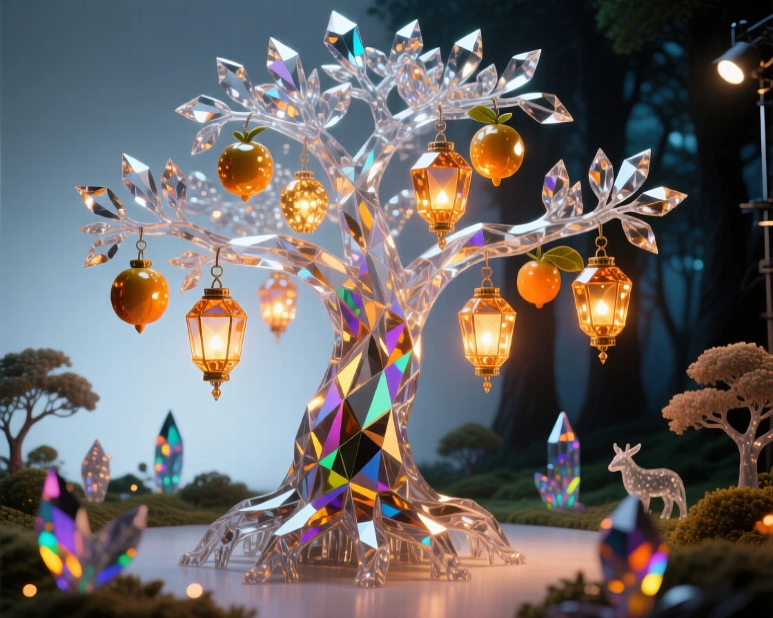 A colossal tree with glowing lantern-fruit illuminating an entire enchanted forest at night.