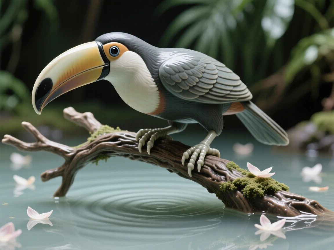 A toucan perched on a jungle branch caught gliding low over calm water, surrounded by a scatter of drifting petals, radiating delicate, fleeting beauty.
