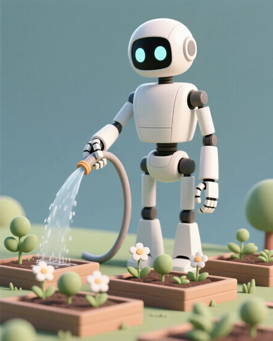 A towering friendly robot carefully waters a community garden using a hose held in one mechanical hand.