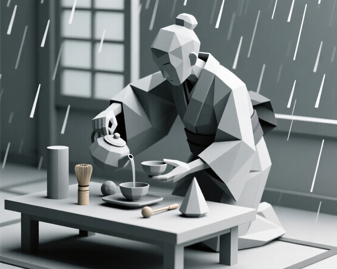 A tea ceremony host preparing a traditional tea set, on a quiet rainy afternoon. dynamic motion is captured with a clear sense of energy. There is a calm sense of focus and skill.