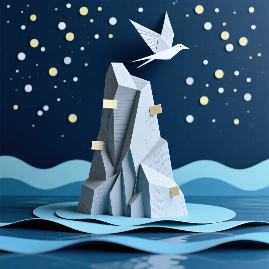 A dramatic limestone karst formation rising from calm water beneath a star-filled night sky, with a lone bird soaring overhead, conveying the quiet power of the natural world.