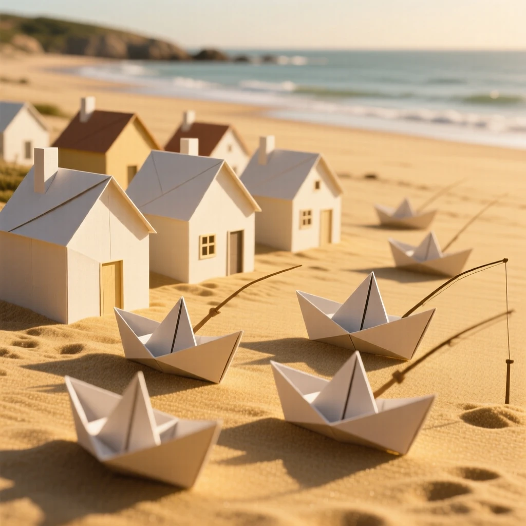 A quiet fishing village on the coast of Portugal with boats resting on golden sand.