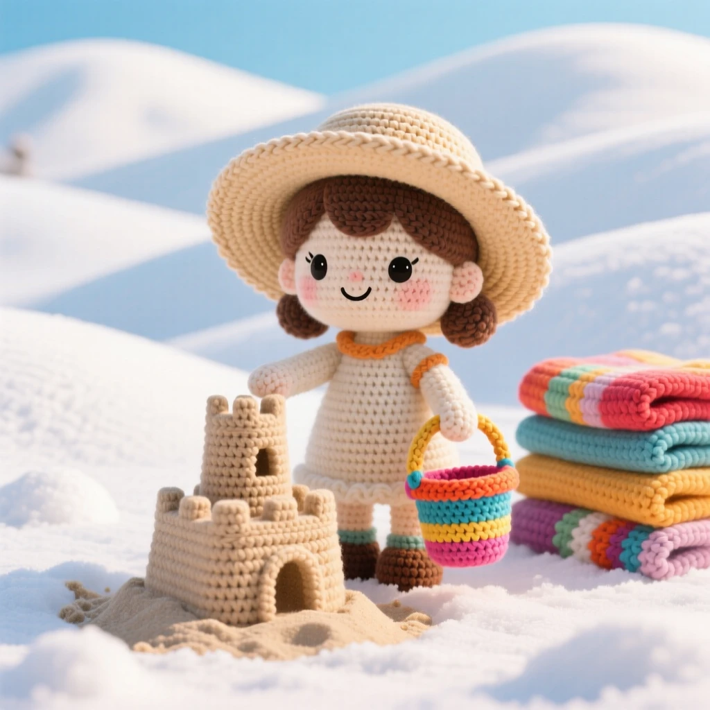 A festive scene of a little girl building a sandcastle with a sunhat and a small bucket, patting the final tower into place within a rolling hillside blanketed in fresh snow; a stack of warm blankets nearby, radiating bright cheerful energy of a special day.