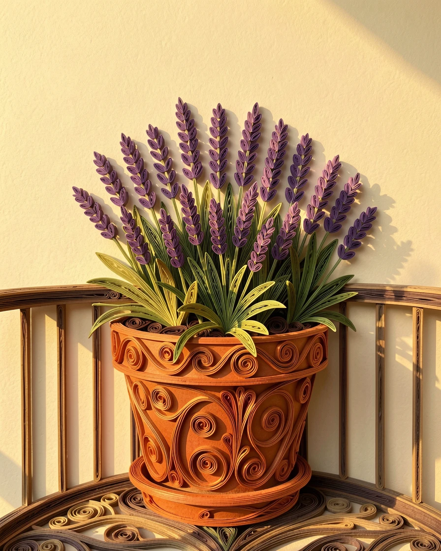 A serene botanical study of a hillside covered in blooming lavender rows in a terracotta pot on a sunny balcony, with soft golden hour light washing over the scene, centered with generous negative space around it.