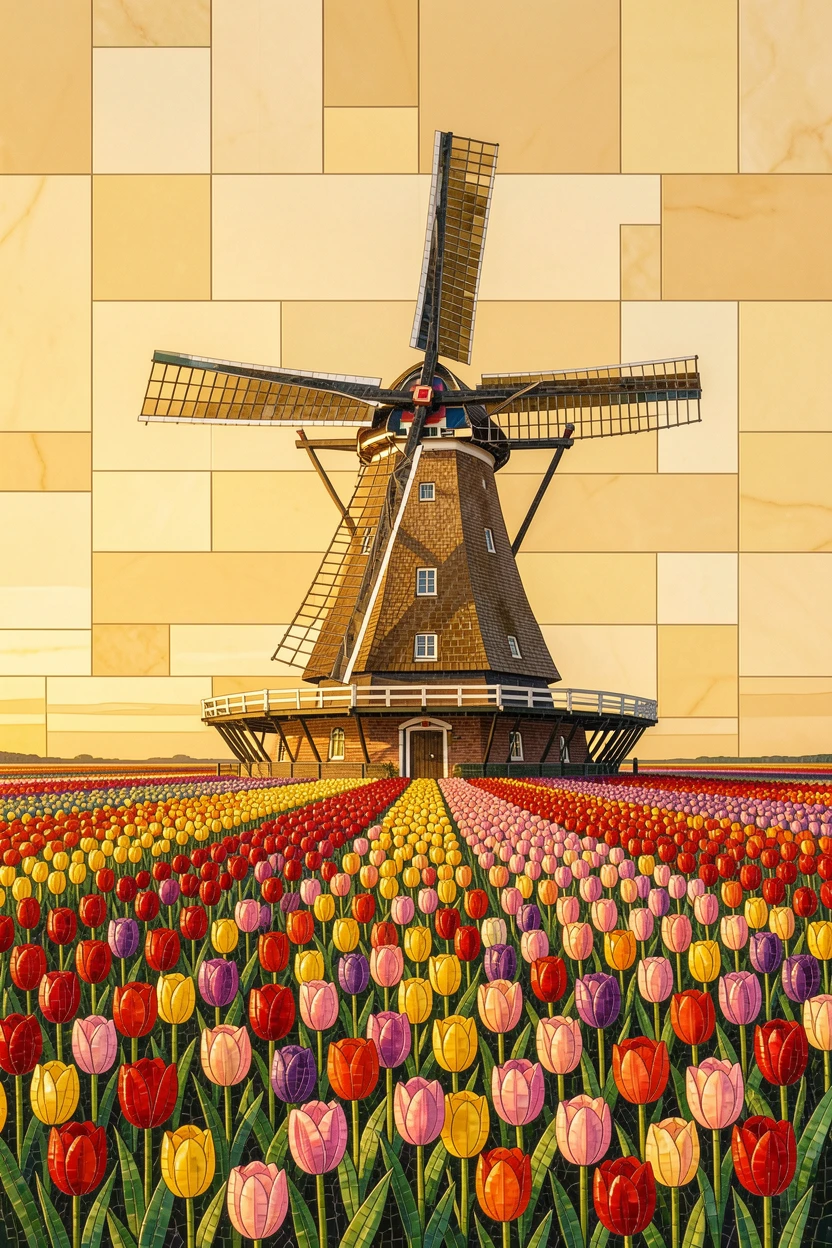 A breathtaking wide-angle view of a traditional windmill standing among Dutch tulip fields, with rich warm lighting and fine architectural detail.