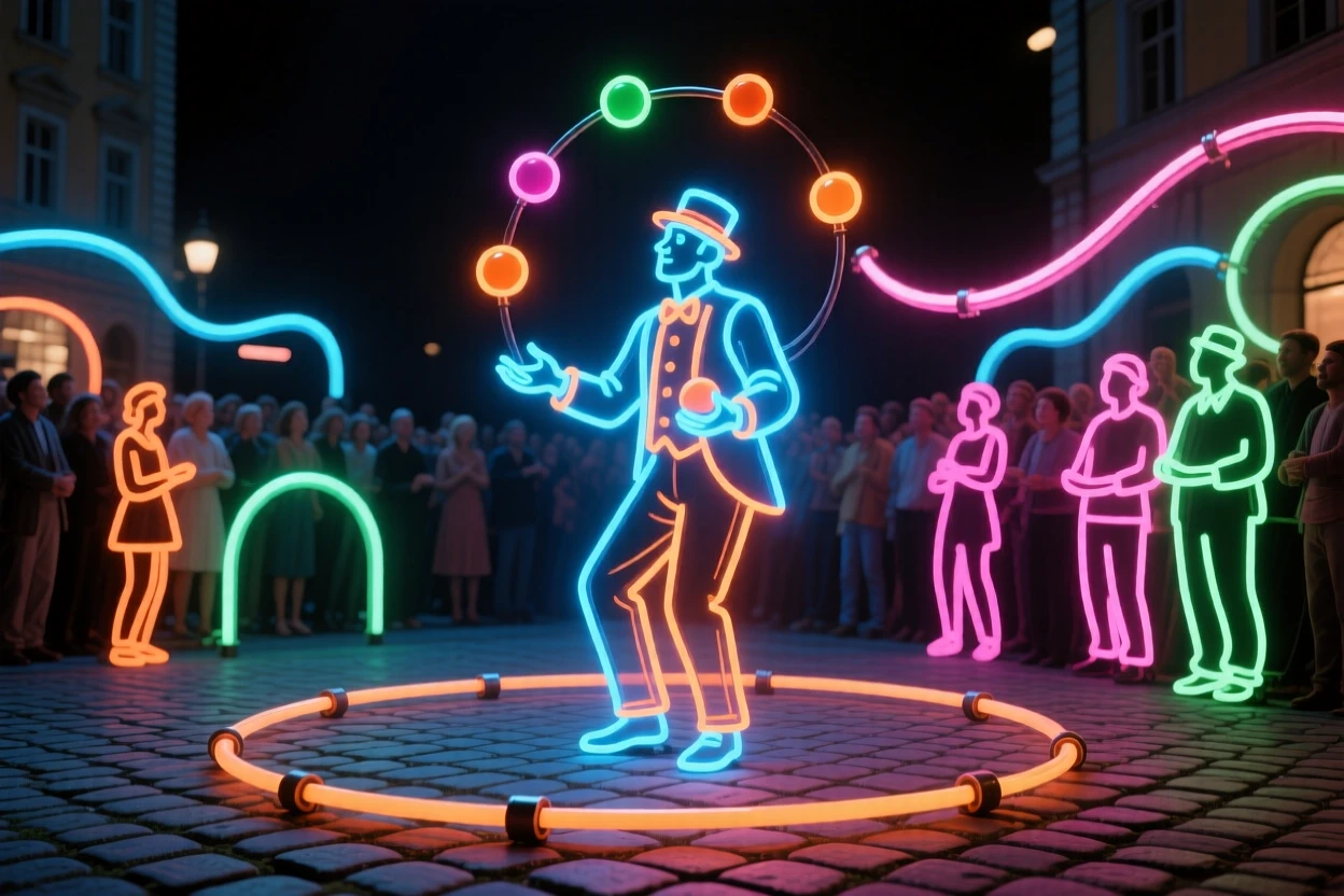 A street performer juggling for a crowd in a cobblestone square.