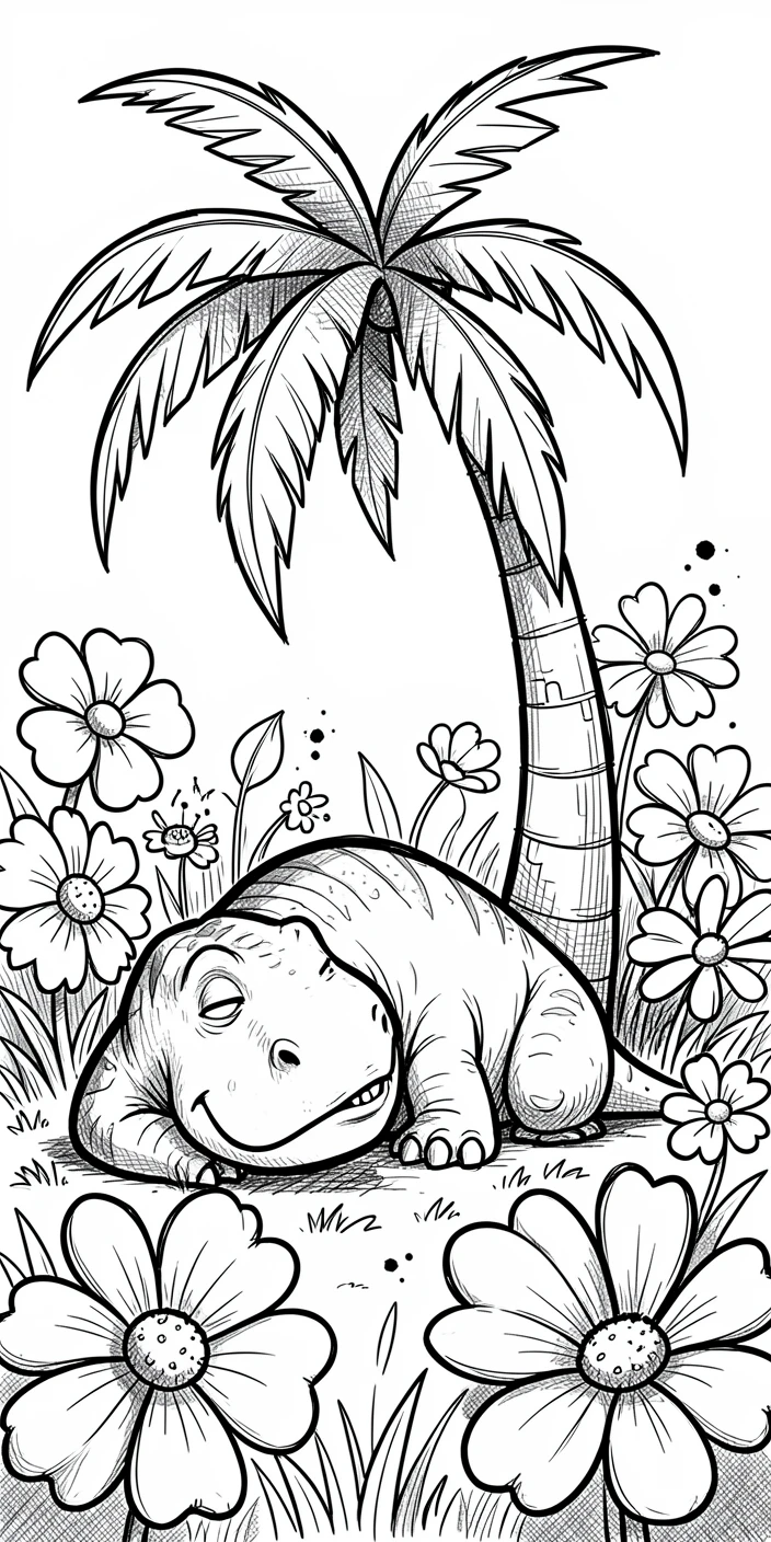 A dinosaur napping under a palm tree in a meadow of giant flowers.