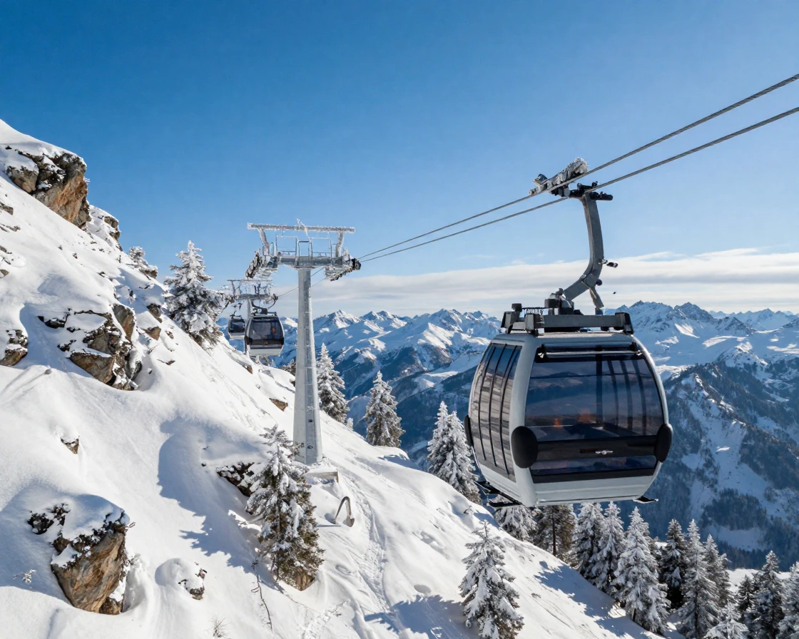 A cable car ascending a snow-covered mountain