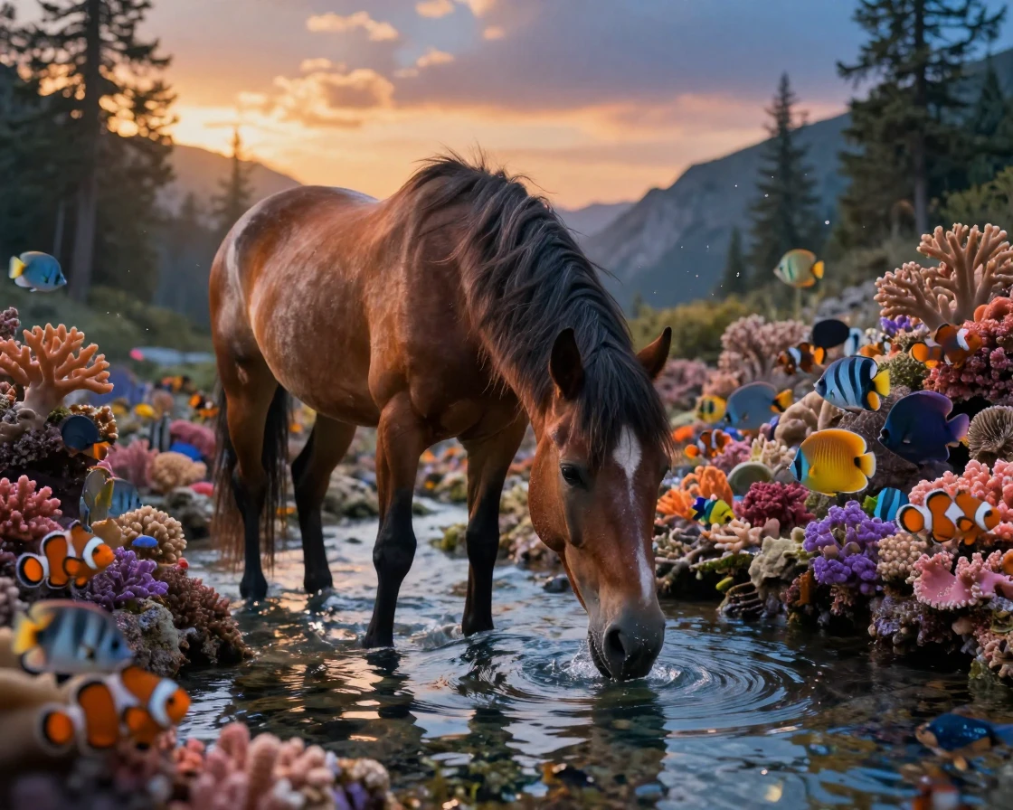 A wild mustang drinking from a clear mountain stream within a coral reef teeming with life as the day slowly fades