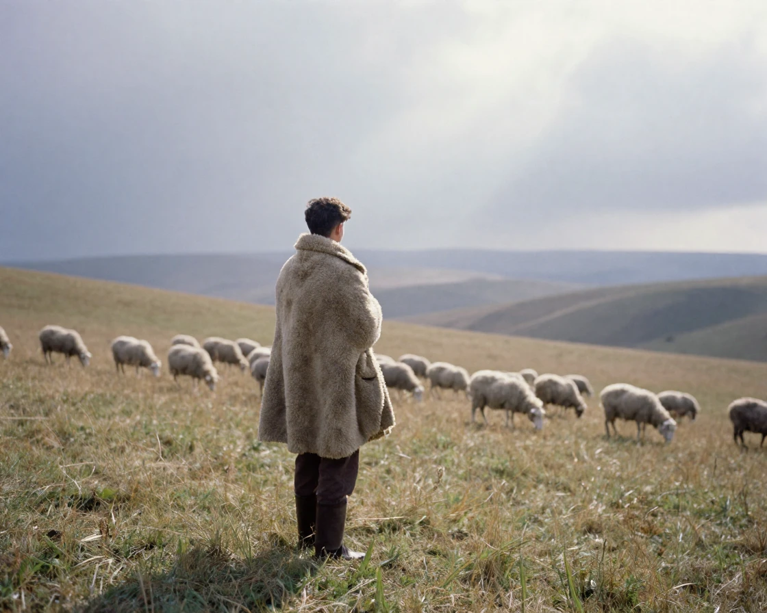 A shepherd wrapped in a thick coat, watching his flock on a hillside, under harsh midday sun, under a light drizzle, as summer fades into fall, in soft muted pastels, from behind, looking toward the horizon.