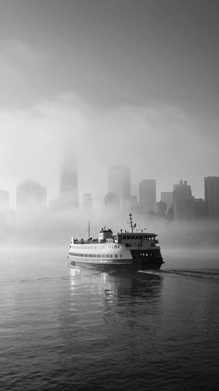 A ferry crosses a misty harbor at dawn beneath a fog-covered skyline.