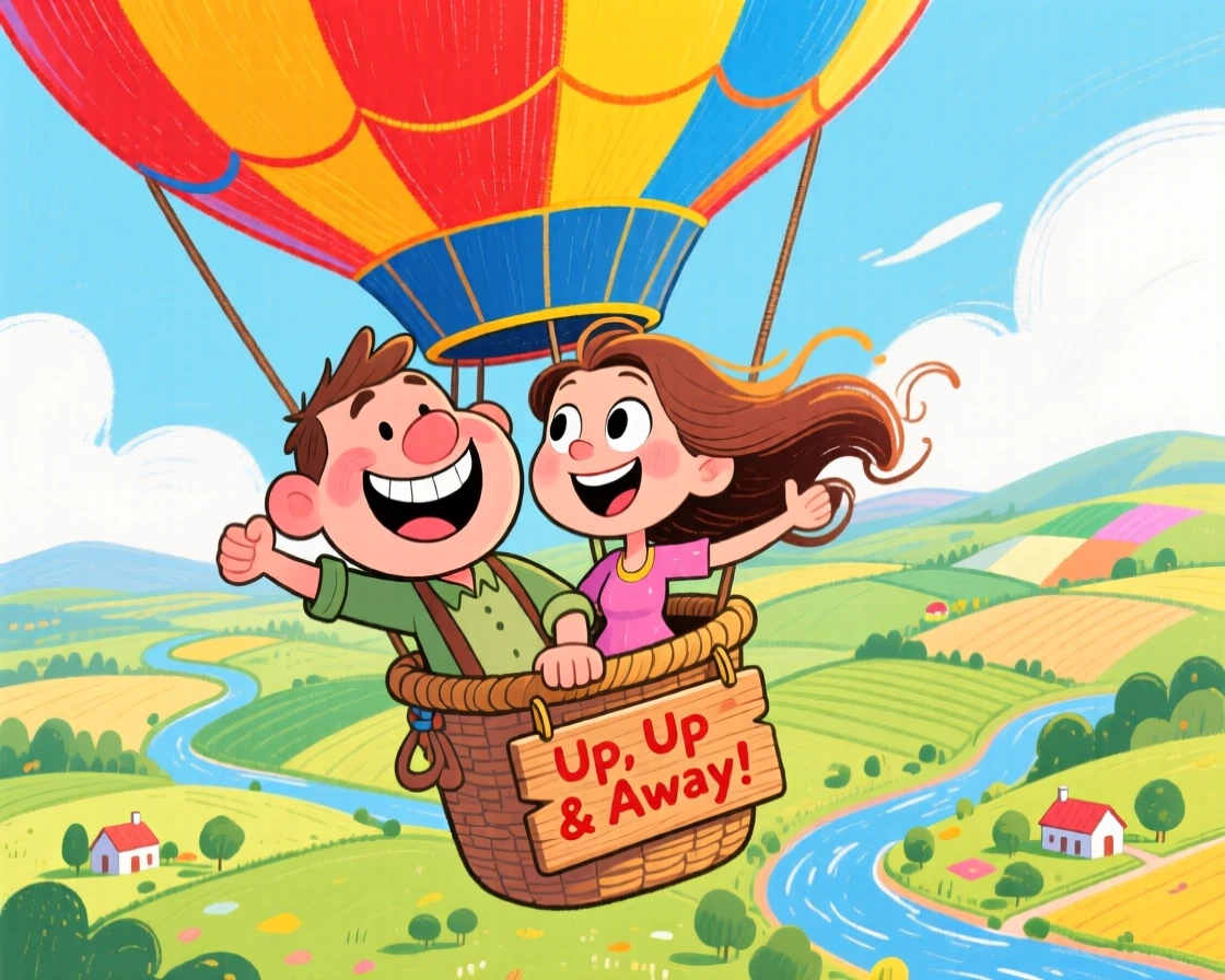 A couple riding a hot air balloon together over a scenic countryside.