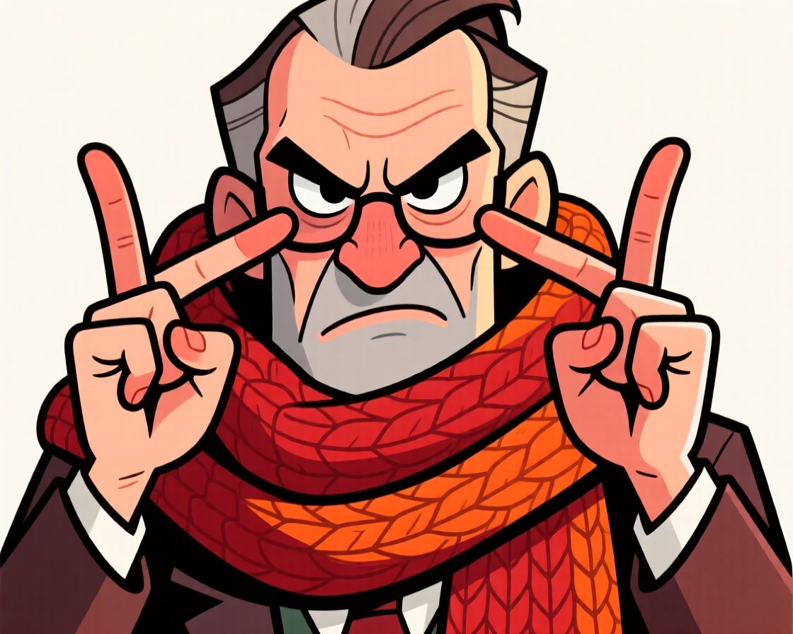 A charming portrait of a stern librarian, peeking mischievously from behind crossed fingers, wrapped in a cozy oversized scarf.
