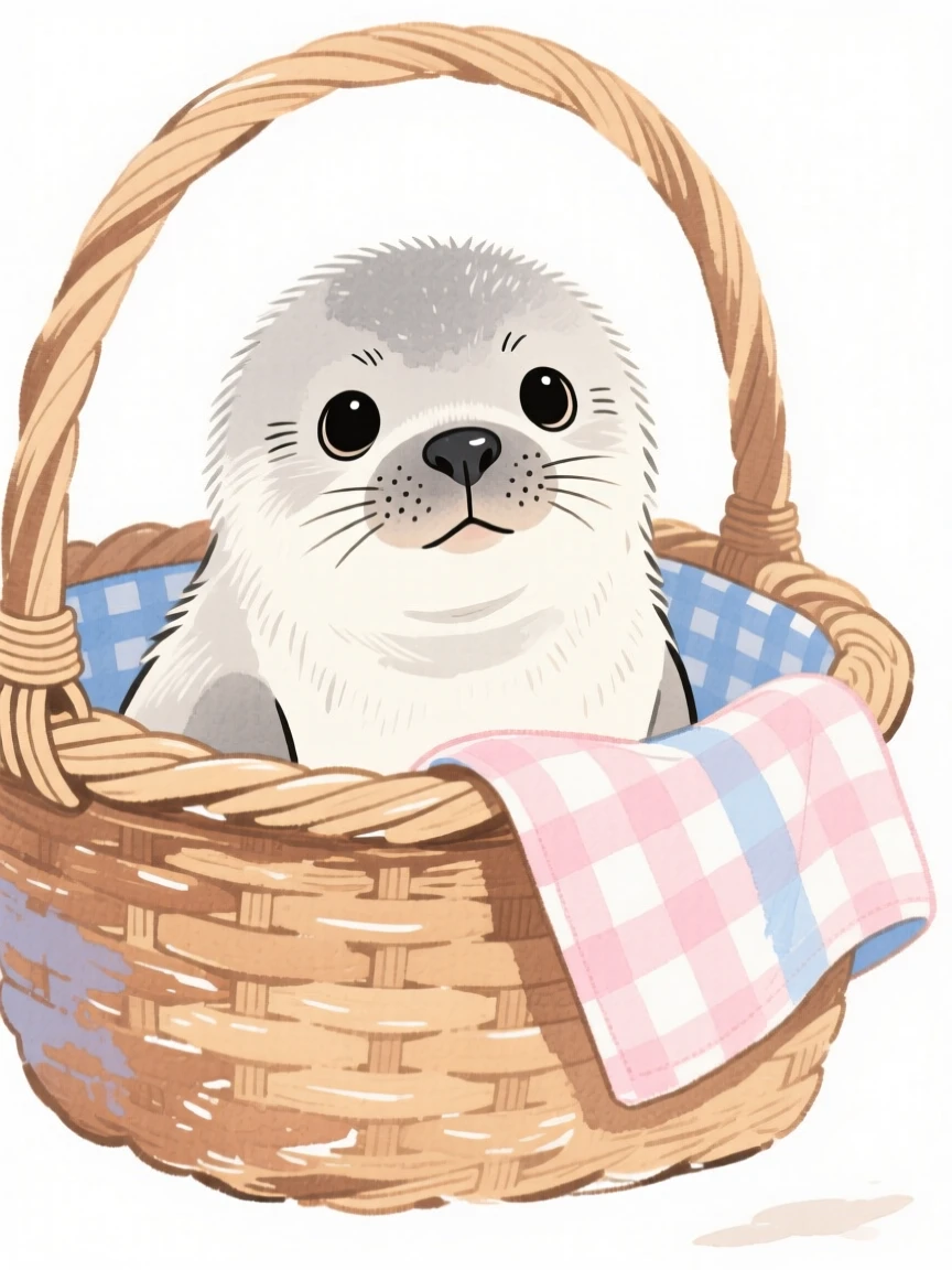 A baby seal poking its nose out of a picnic basket