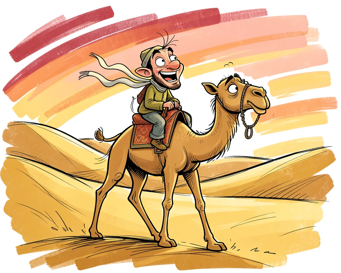 [Travel & Cultural Experiences] Vivid travel scene of a traveler riding a camel across golden sand dunes at sunset, full of wonder and adventure