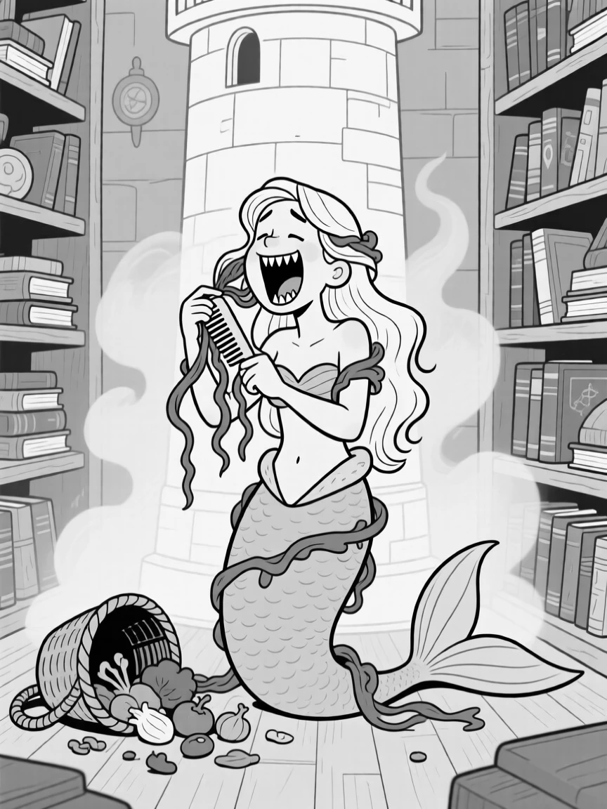A mermaid tangled in seaweed while combing her hair, yawning wide enough to reveal a mouth full of crooked teeth, set in a smoky tower cluttered with spellbooks. A basket lies overturned, vegetables scattered everywhere. There's a cozy, storybook warmth to the whole image.
