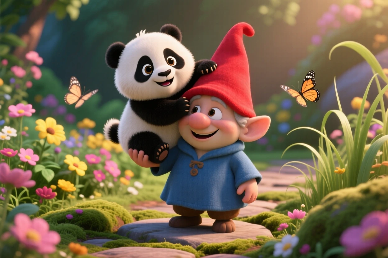 A baby panda cub is perched on a garden gnome's shoulder, wagging its tail happily. The scene feels warm and heartwarming, with soft shadows framing the scene.