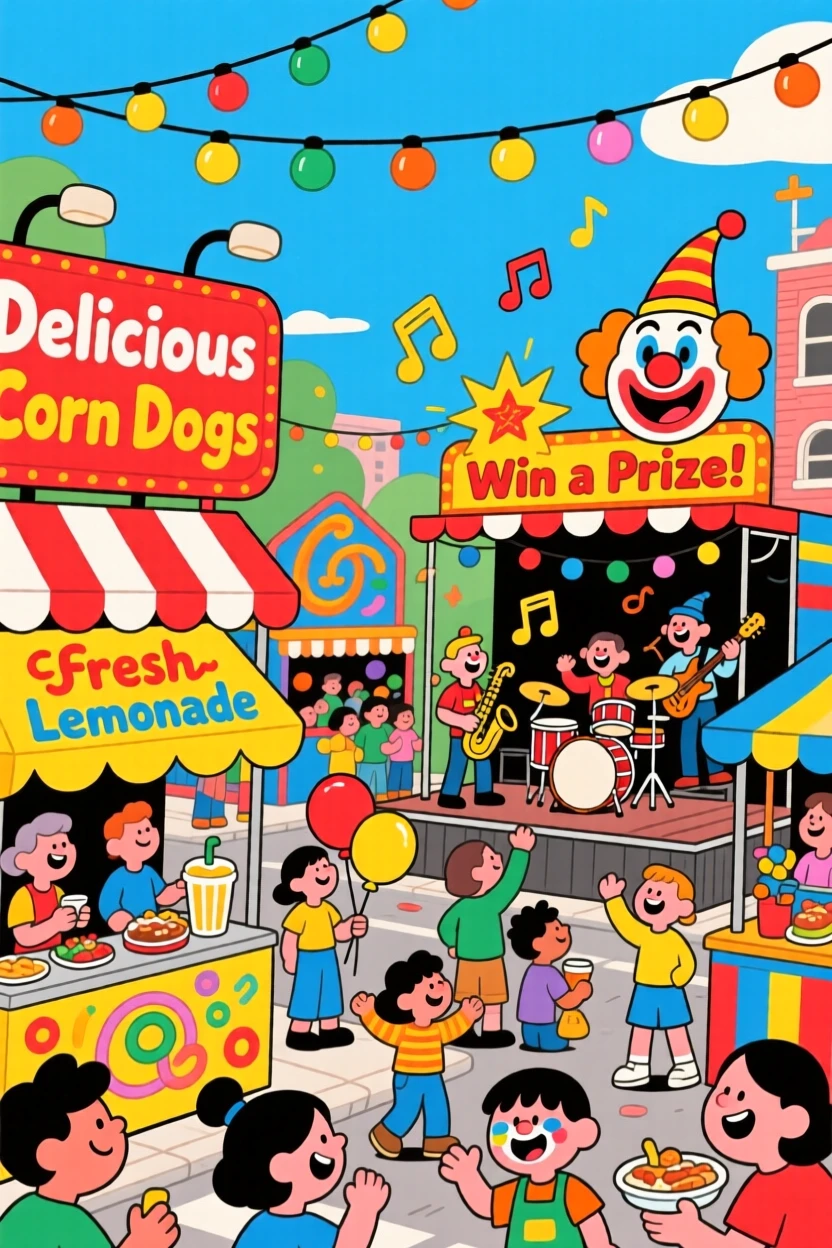 A street fair with food stalls, games, and live music.