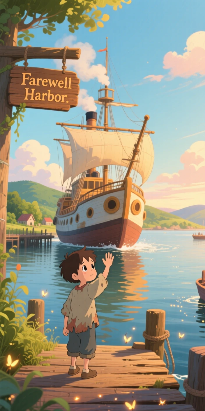A tender moment of a young boy waving goodbye to a departing ship from the dock, the scene gently triumphant.