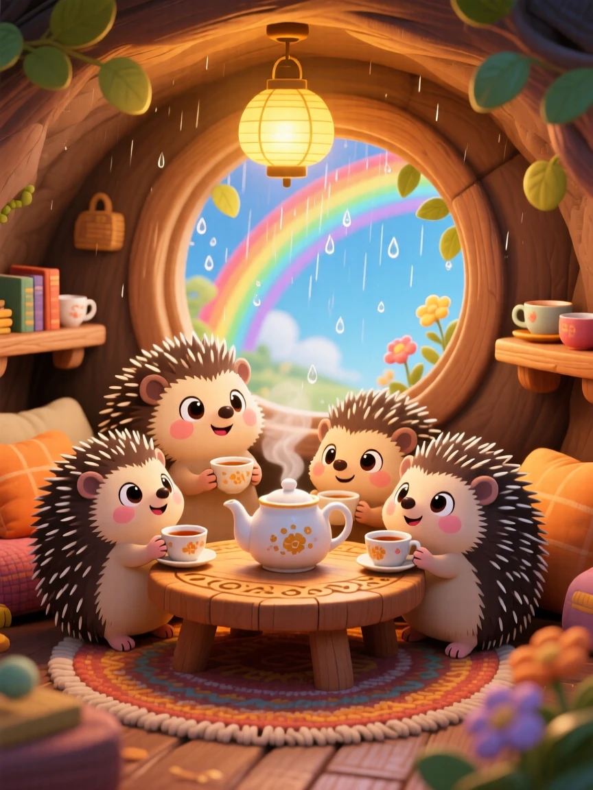 A family of hedgehogs gathered around a warm teapot in a snug burrow home under a rainbow after the rain; warm lamplight washes over the scene as wide-eyed wonder fills the moment. Medium shot.