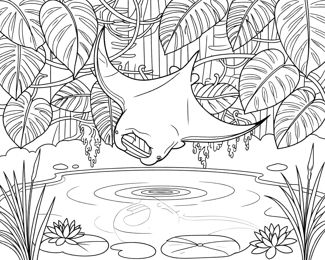 A manta ray hidden among dense jungle vines, with its reflection rippling in a still pond.