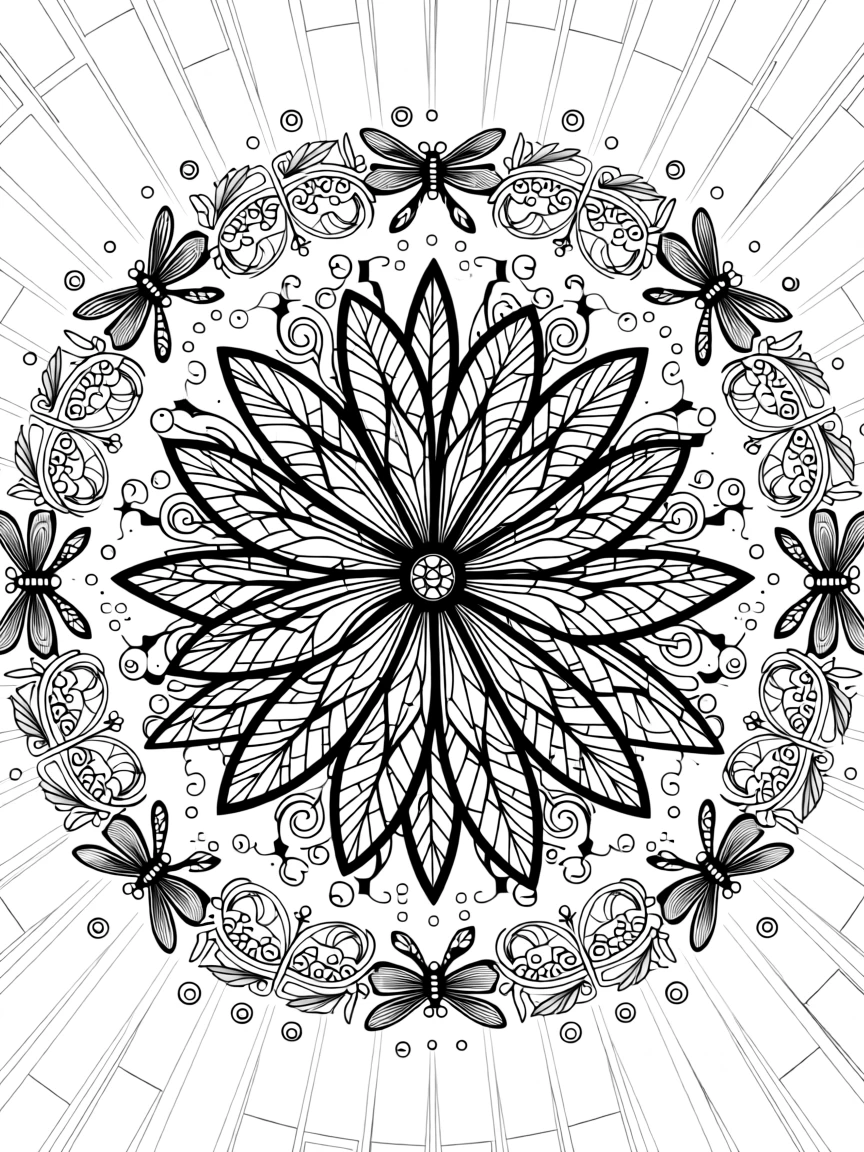 A mandala built from layered dragonfly wings in a radial burst.