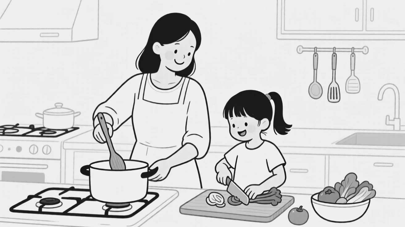 A mother and daughter cooking dinner side by side