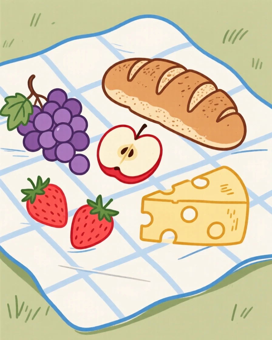 A picnic spread of fruit, cheese, and fresh bread on a blanket.