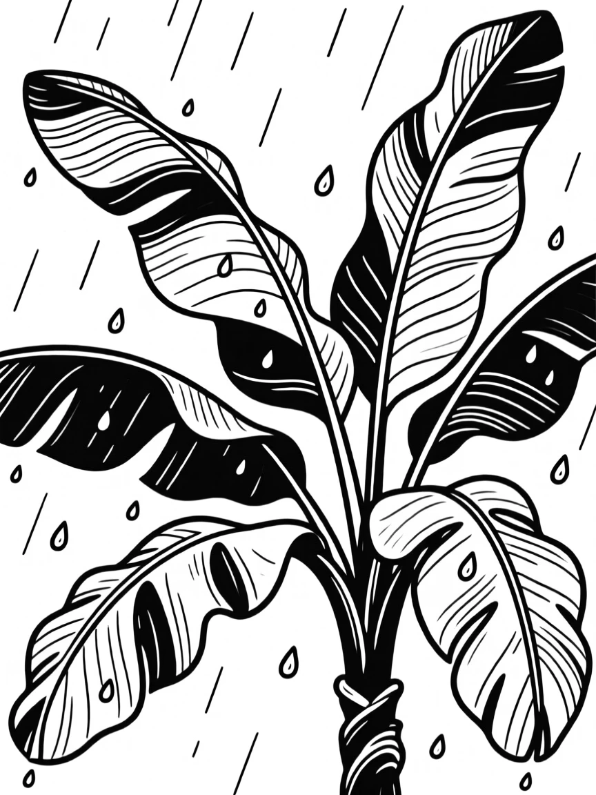 A cluster of tropical banana leaves with rain droplets glistening.