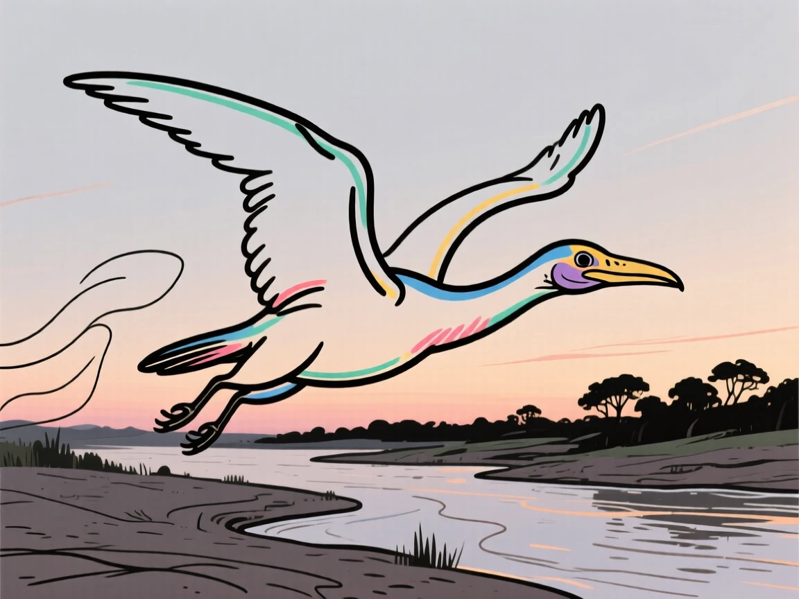 A Quetzalcoatlus landing near a prehistoric riverbank at dusk.