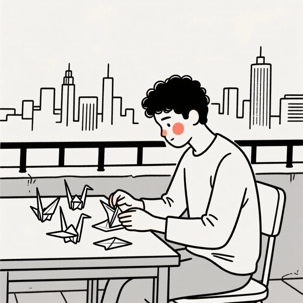 A young man of Moroccan heritage folding paper cranes at a desk, on a rooftop overlooking the city.