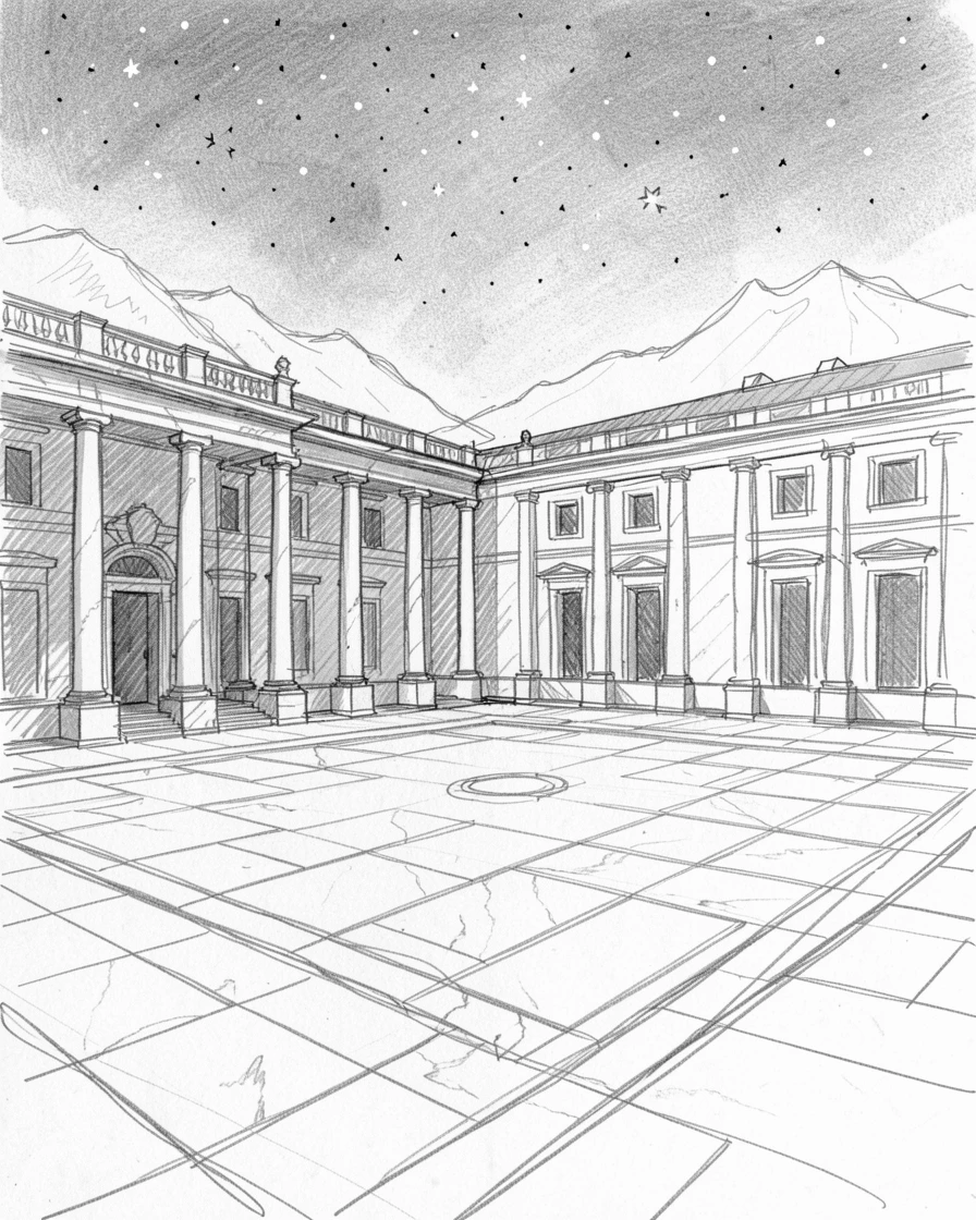 A grand marble palace courtyard under a canopy of stars, with distant mountains framing the skyline.