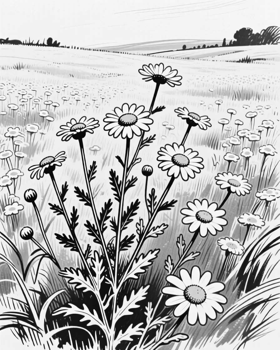 A field of wild chamomile stretching across a sunlit meadow.