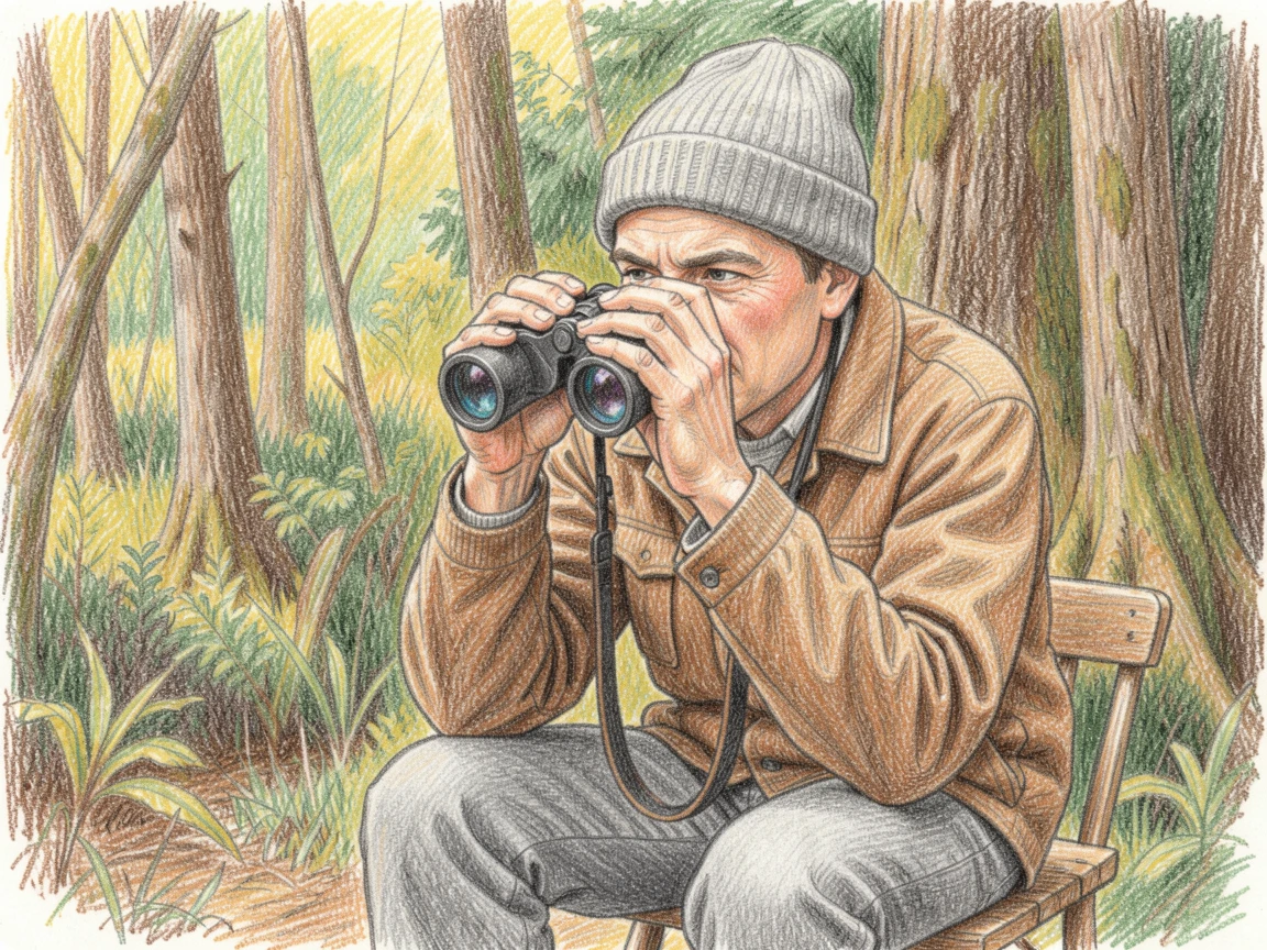 A birdwatcher with binoculars perched quietly at a forest edge, with soft focus on the hands and careful details of the craft, evoking mindfulness, patience, and simple contentment.