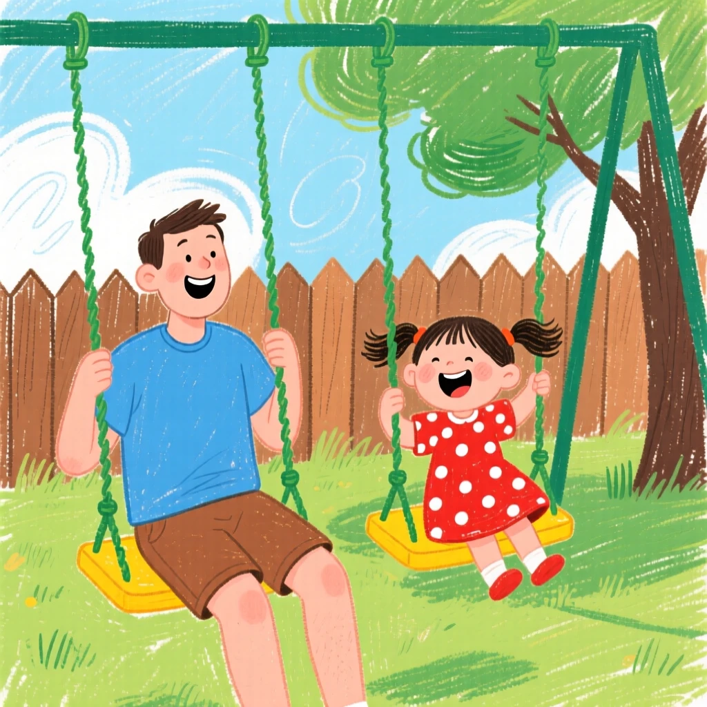 A father and daughter laughing together on a backyard swing set.
