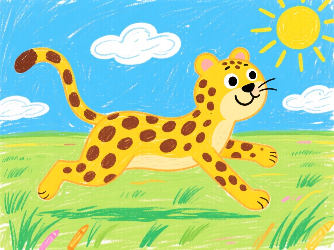 A cheetah sprinting across the savanna on a wide open grassy plain.