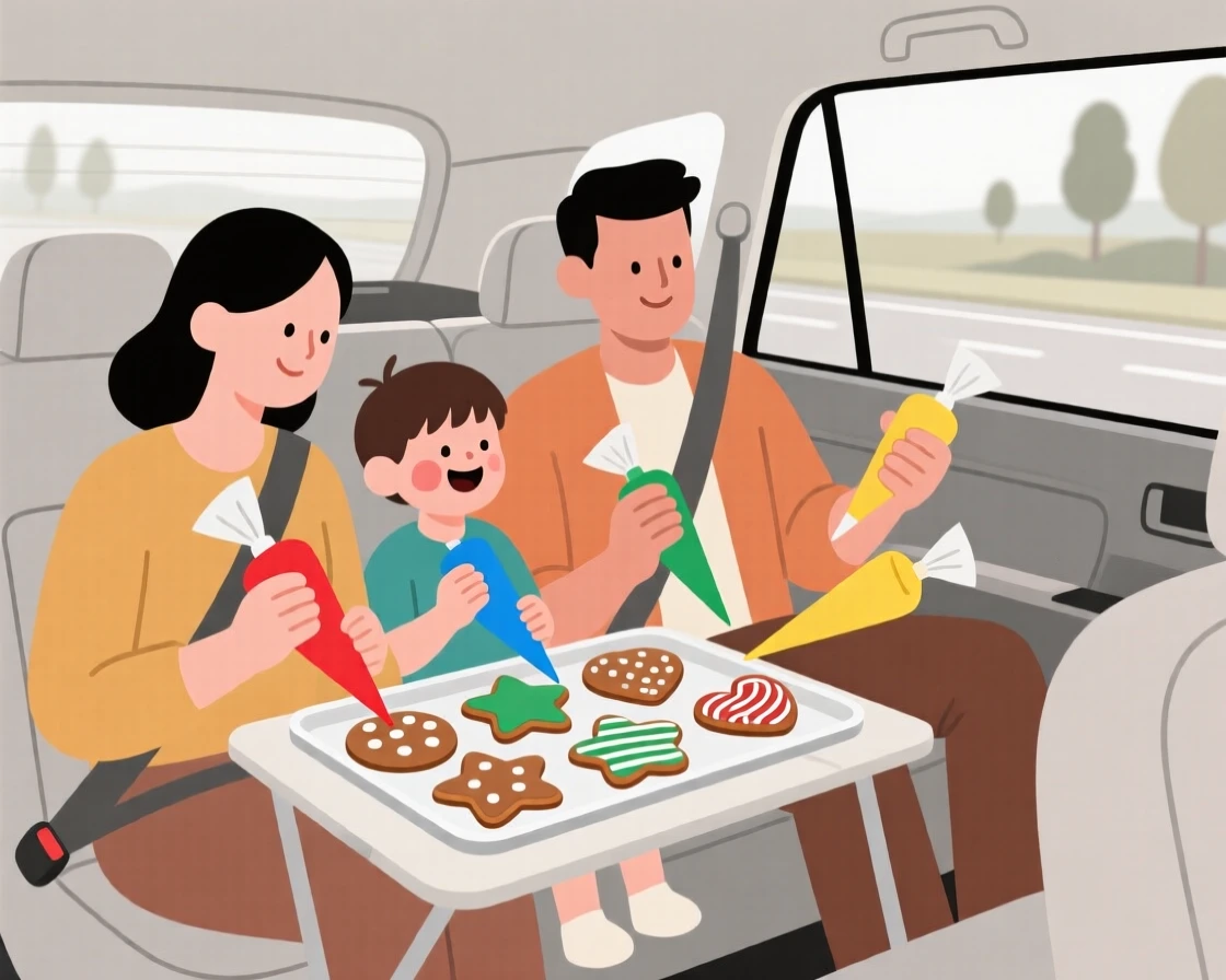 A family decorating cookies together during a road trip.