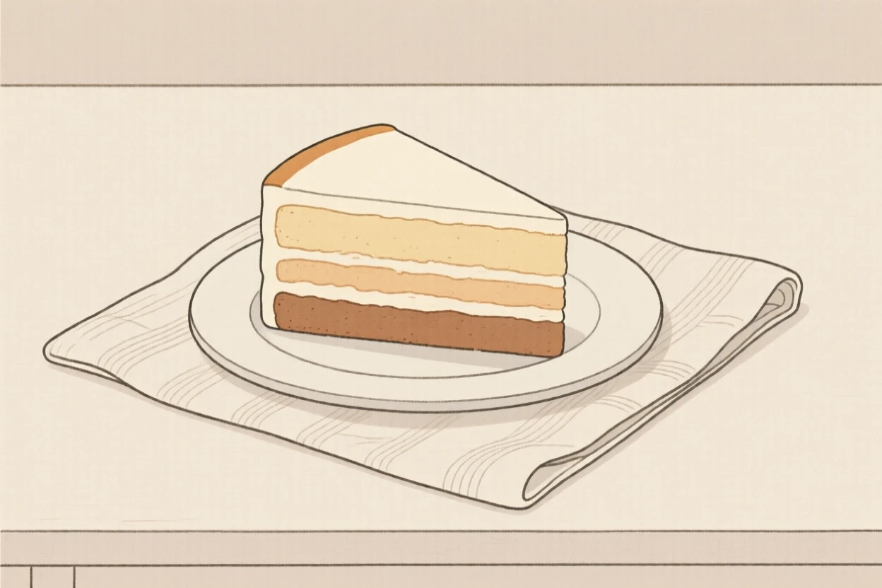 A freshly prepared slice of layered cake served on a linen napkin, set in a cozy breakfast nook, inviting simple satisfaction.