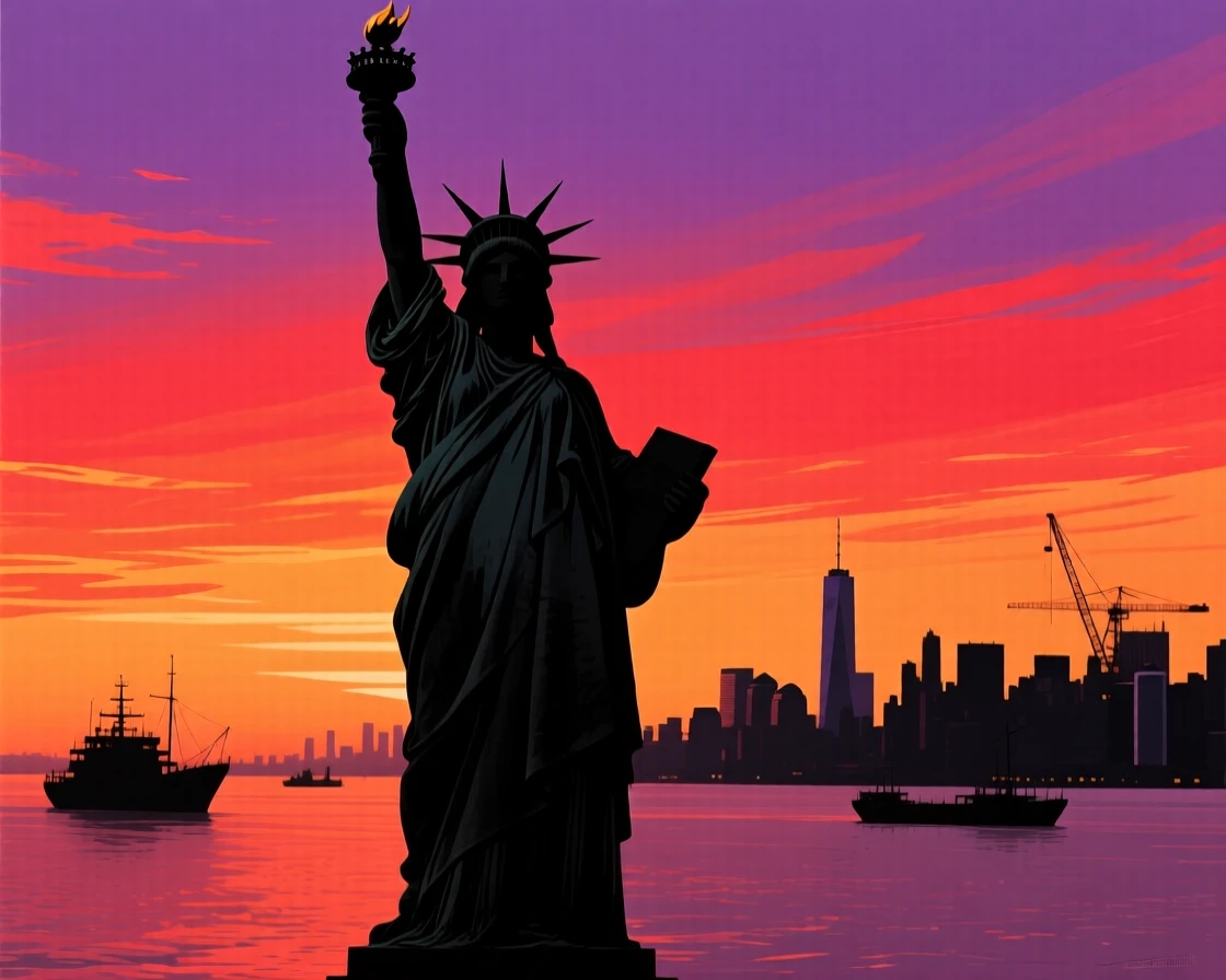 The Statue of Liberty standing tall against a wide harbor skyline.