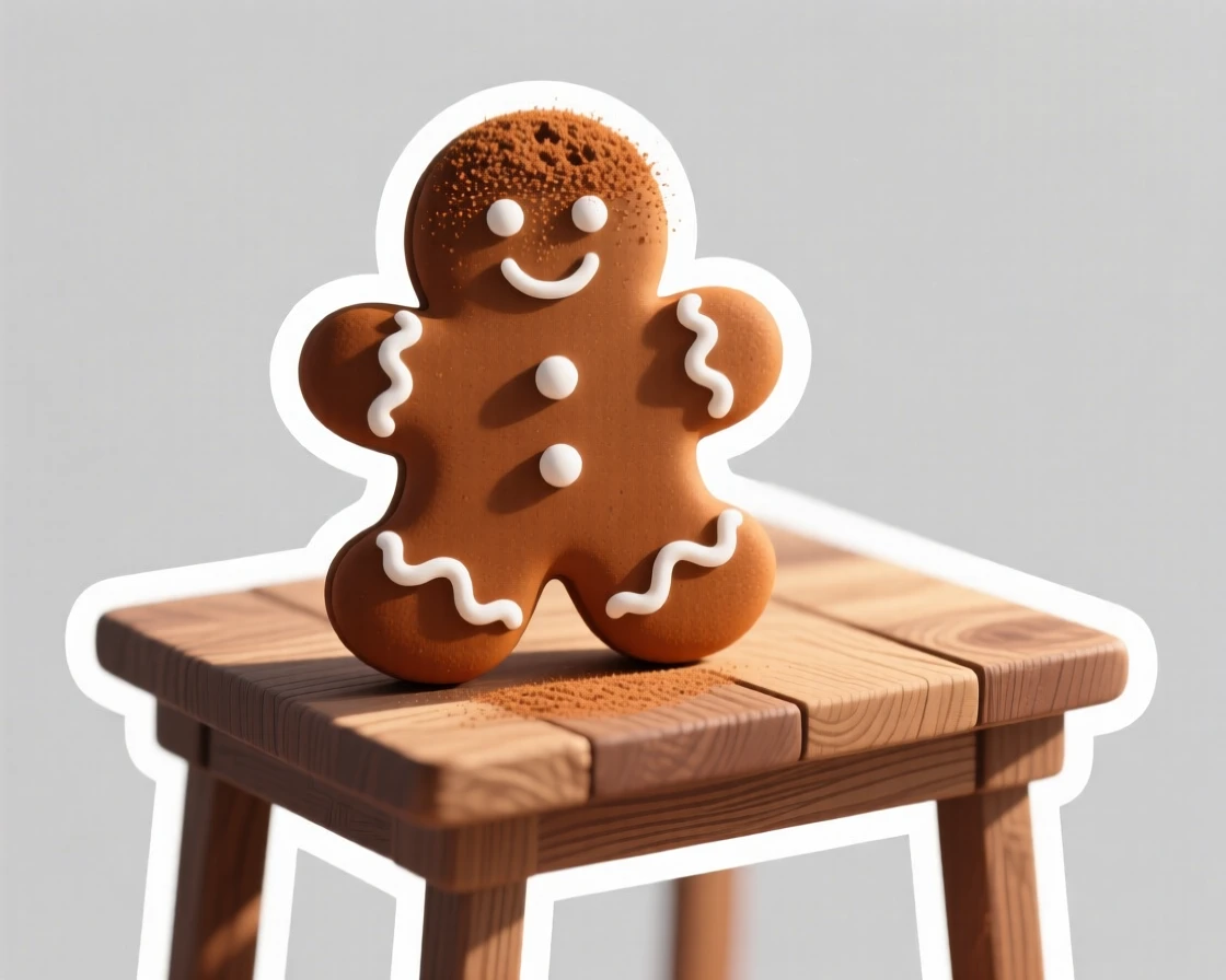A delightfully sweet warm gingerbread cookie with icing, dusted with cinnamon on top, on a rustic wooden table with soft morning light.