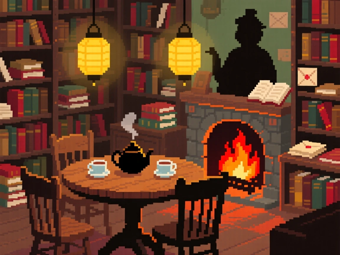 A tea room table lit by a crackling fire and hanging lanterns, within a cluttered but charming bookshop.