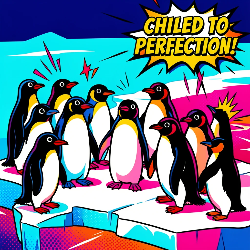 A colony of penguins gathered on an Antarctic ice shelf